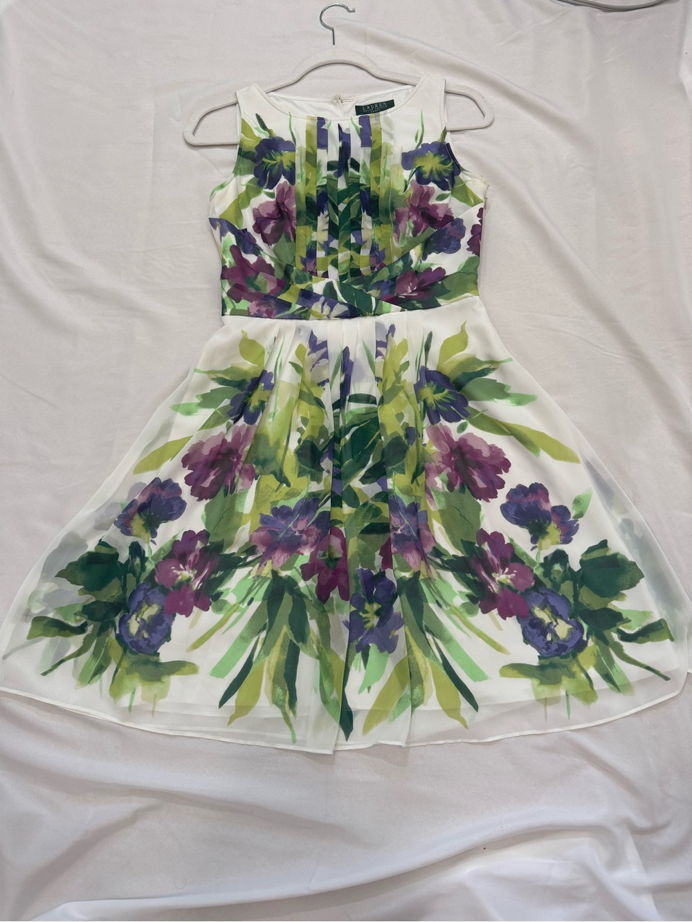 Lauren Ralph Floral Fit & Flare Dress 4P Petite Watercolor Sleeveless - Picture 9 of 13